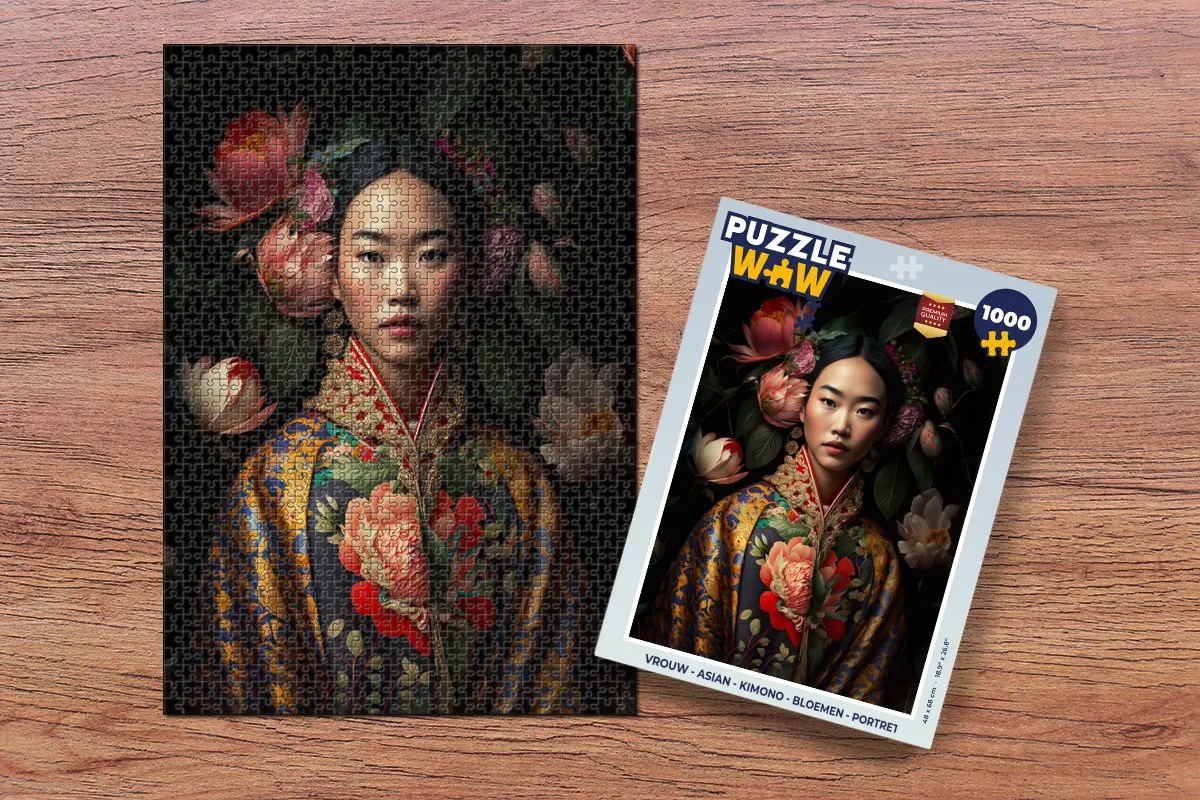 PuzzleWow Asian Kimono Bloemen Portret Legpuzzel 1000 Stuks - Multicolor