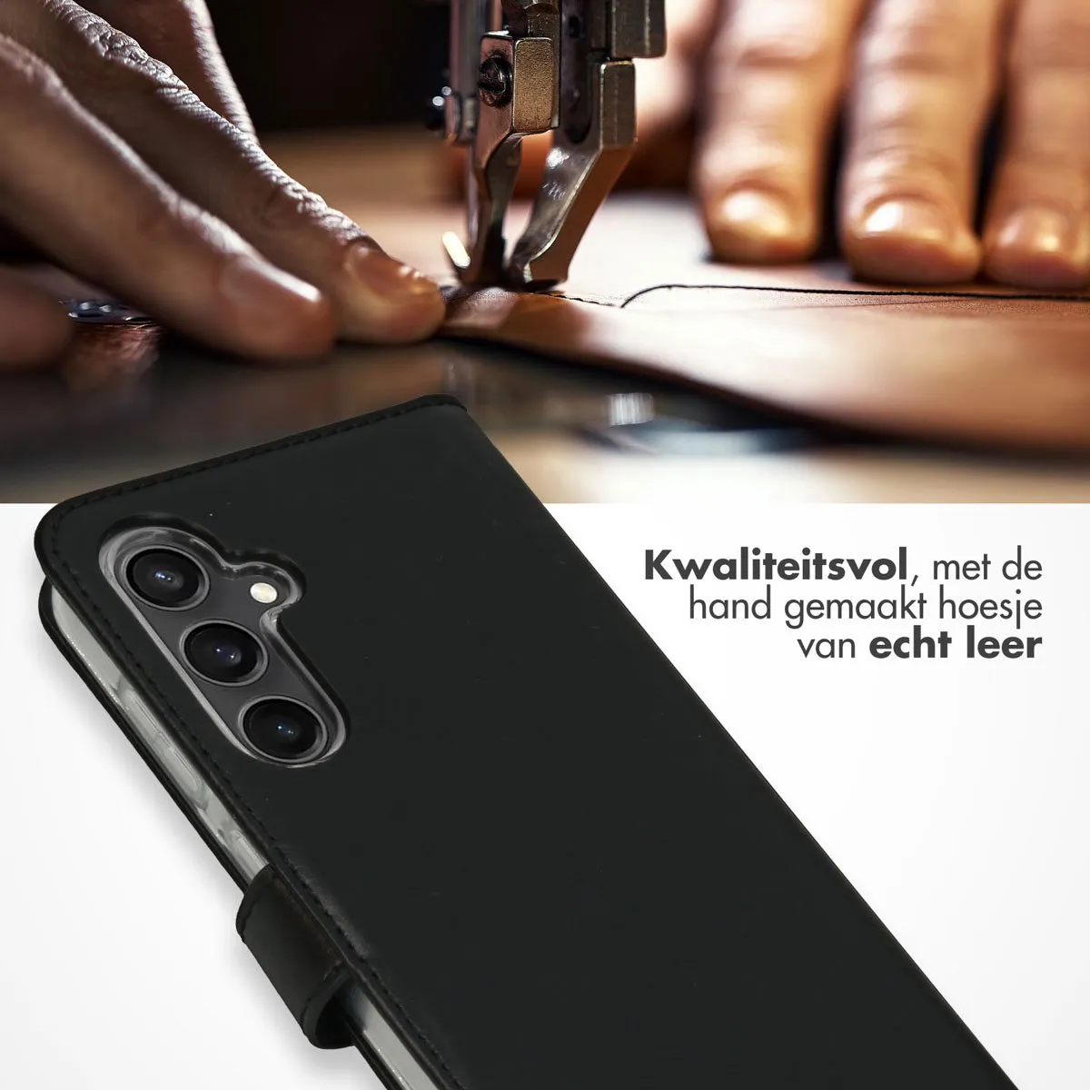 Selencia Hoesje Samsung Galaxy S23 FE - Echt Lederen Bookcase 3 Stuks - Zwart