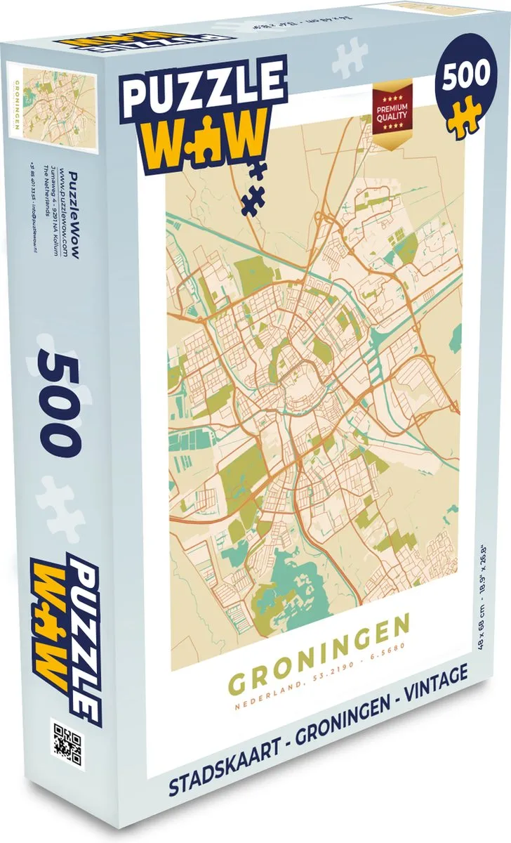 PuzzleWow Stadskaart Groningen Vintage Legpuzzel 500 Stuks - Multicolor