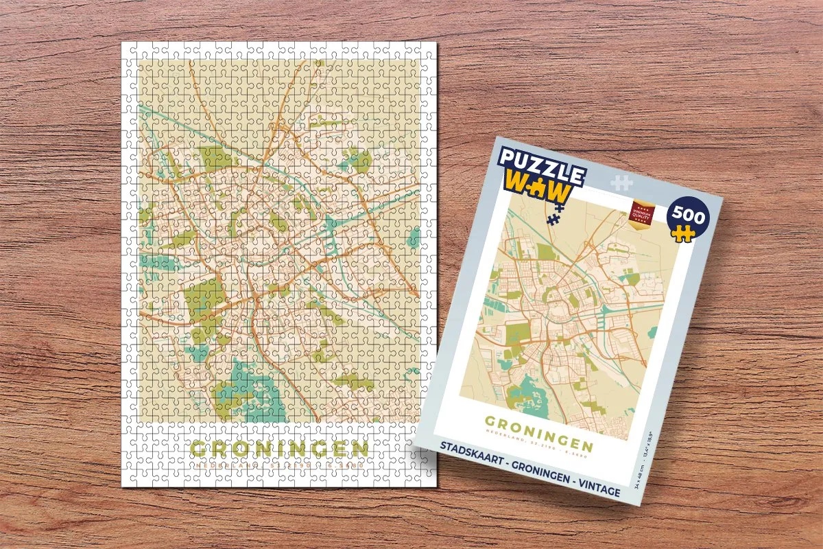 PuzzleWow Stadskaart Groningen Vintage Legpuzzel 500 Stuks - Multicolor