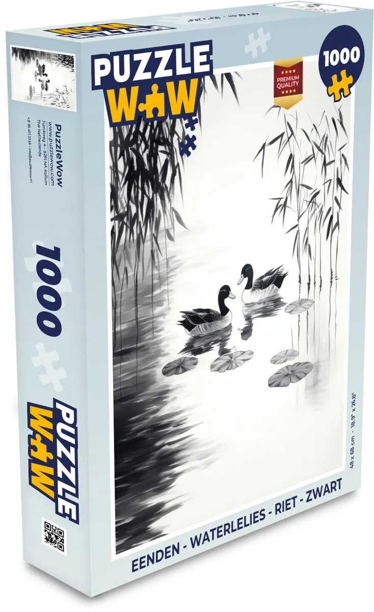 PuzzleWow Legpuzzel 1000 Stuks - Eenden & Waterlelies - Zwart