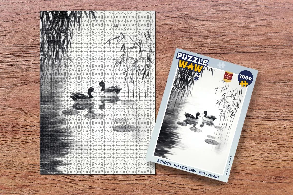PuzzleWow Legpuzzel 1000 Stuks - Eenden & Waterlelies - Zwart