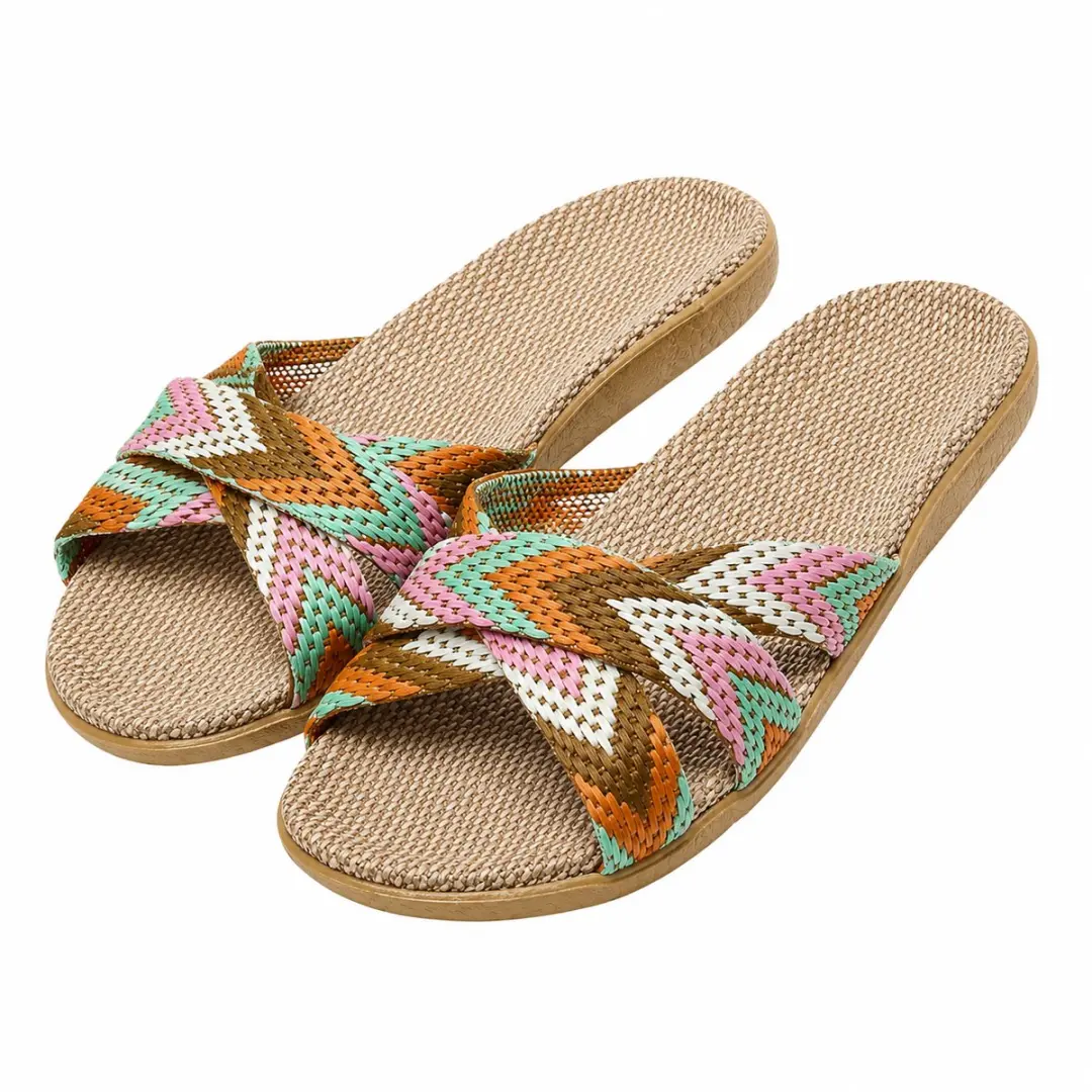Sepia dames pantoffels linnen instap slippers bohemian kruislings geweven banden