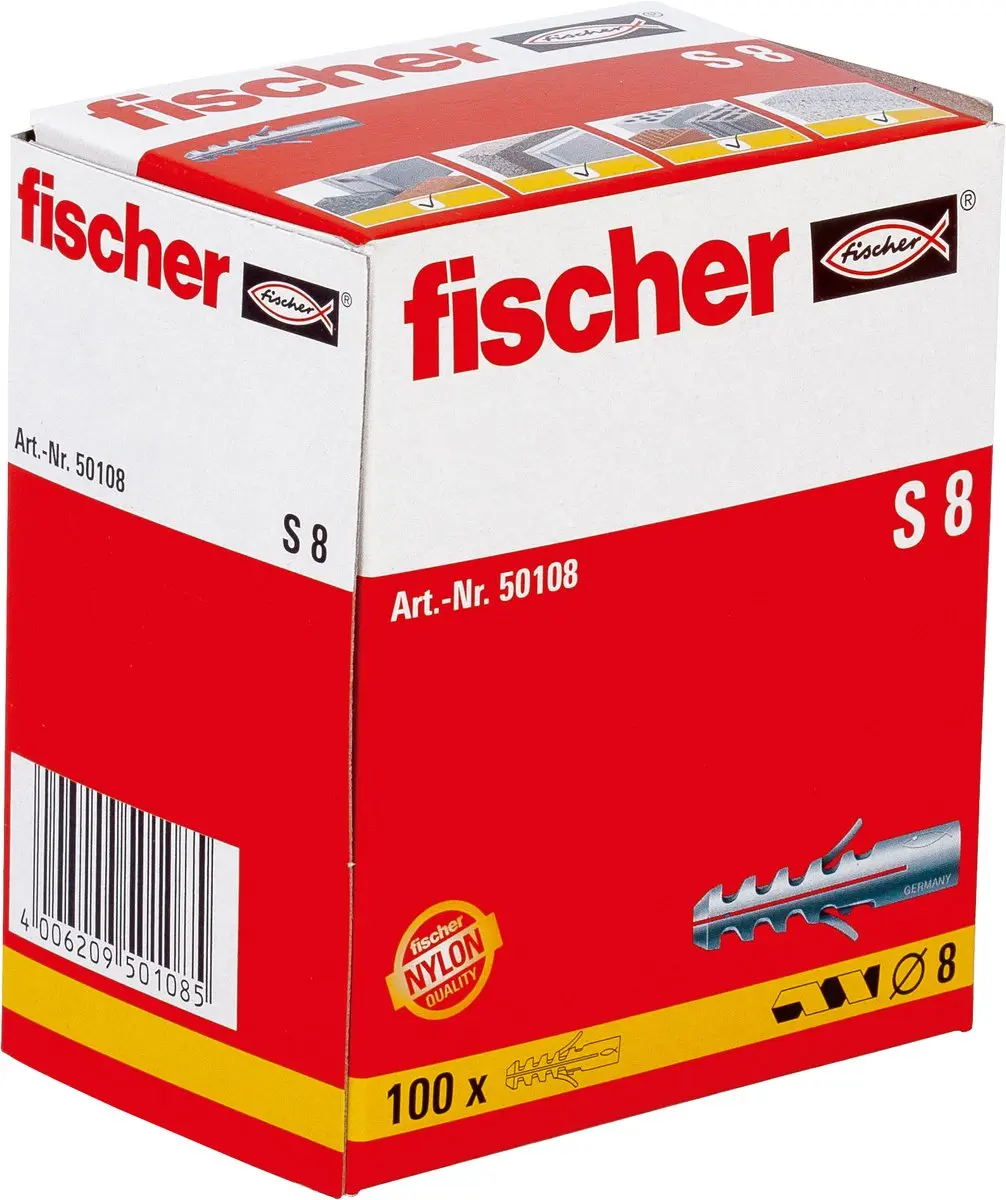 Fischer S8 Nylon Muurplug 8x40mm - 100 Stuks - afbeelding 3 van 6