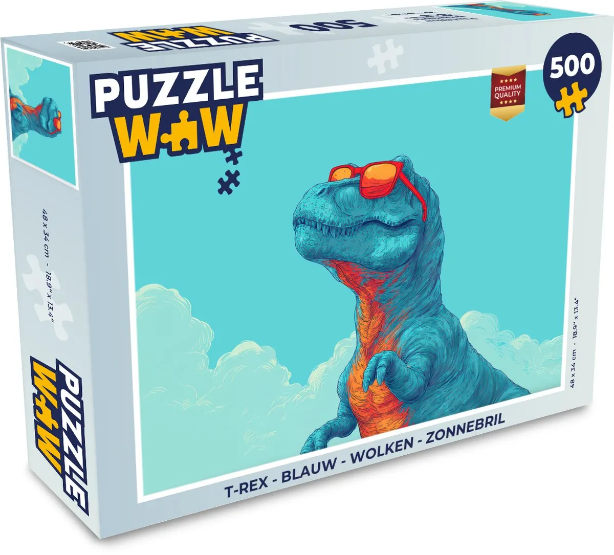 PuzzleWow T-Rex Legpuzzel 500 Stuks - Blauw/Wolken/Zonnebril