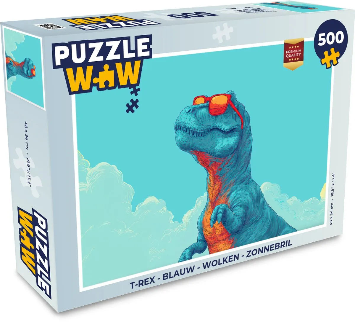 PuzzleWow T-Rex Legpuzzel 500 Stuks - Blauw/Wolken/Zonnebril