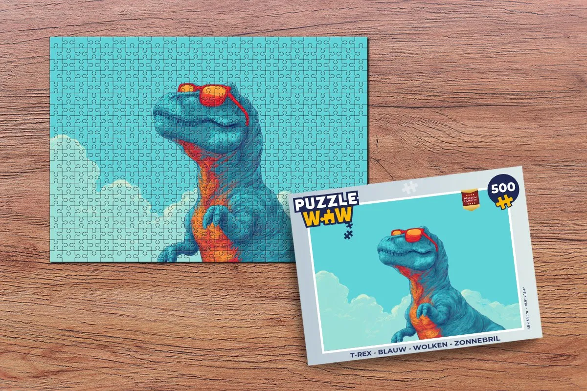 PuzzleWow T-Rex Legpuzzel 500 Stuks - Blauw/Wolken/Zonnebril