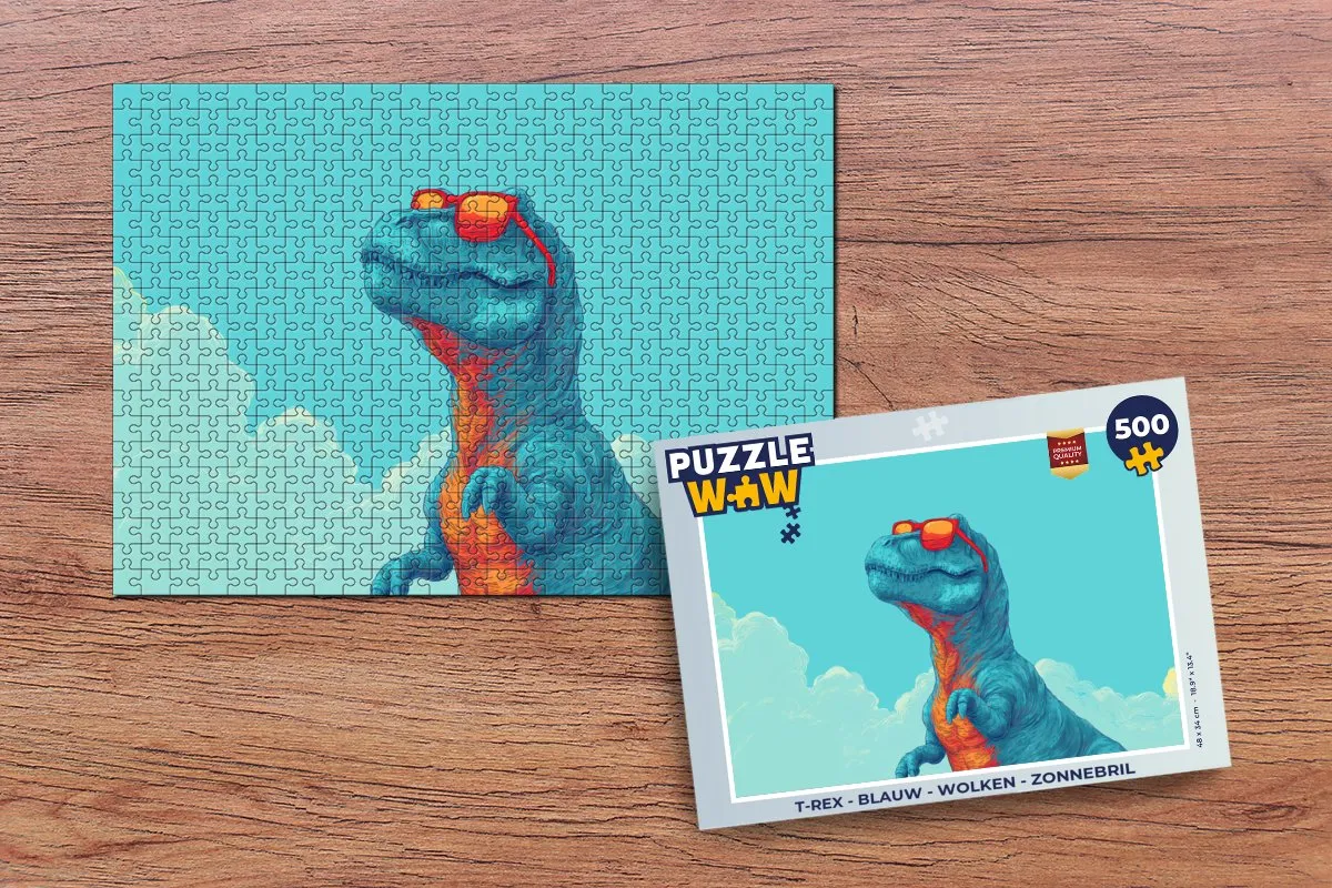 PuzzleWow T-Rex Legpuzzel 500 Stuks - Blauw/Wolken/Zonnebril