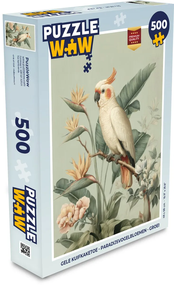 PuzzleWow Legpuzzel Gele Kuifkaketoe 500 Stuks - Paradijsvogelbloemen