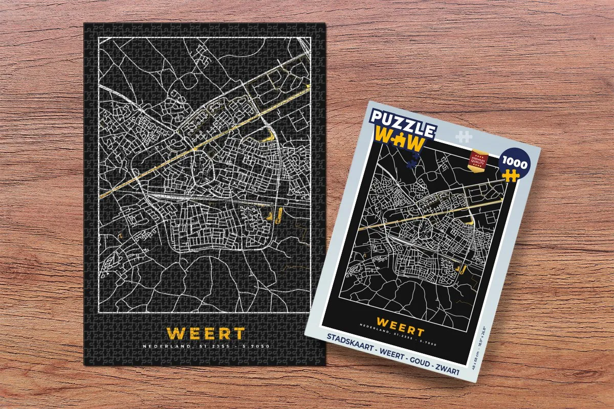 PuzzleWow Stadskaart Weert Legpuzzel 1000 Stuks - Goud/Zwart