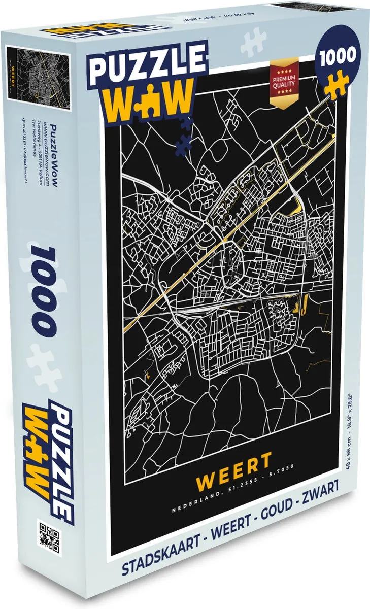 PuzzleWow Stadskaart Weert Legpuzzel 1000 Stuks - Goud/Zwart