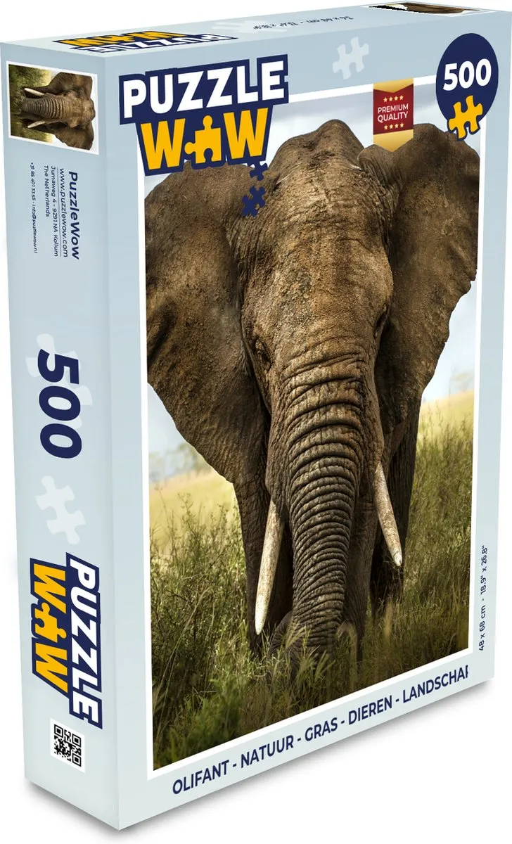 PuzzleWow Natuur Gras Landschap Olifant Legpuzzel 500 Stuks - Multicolor