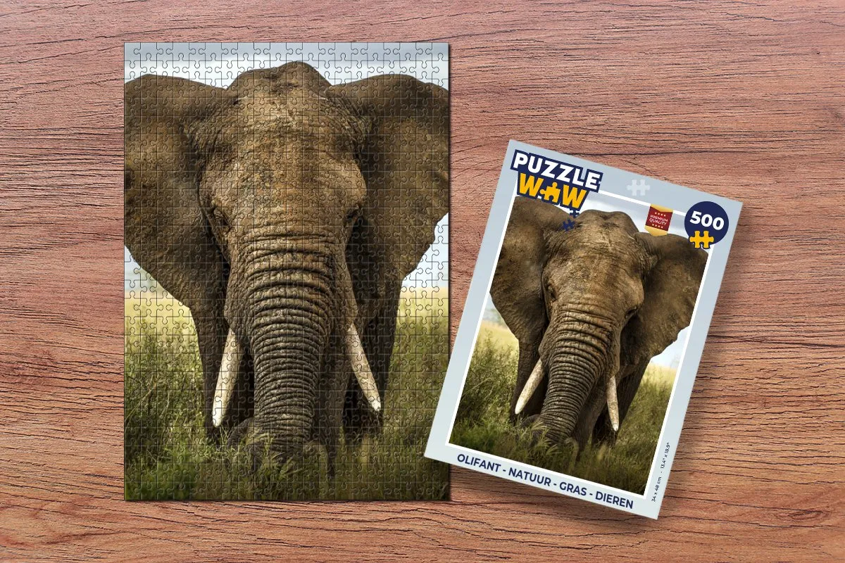 PuzzleWow Natuur Gras Landschap Olifant Legpuzzel 500 Stuks - Multicolor
