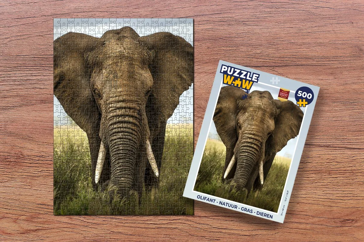 PuzzleWow Natuur Gras Landschap Olifant Legpuzzel 500 Stuks - Multicolor