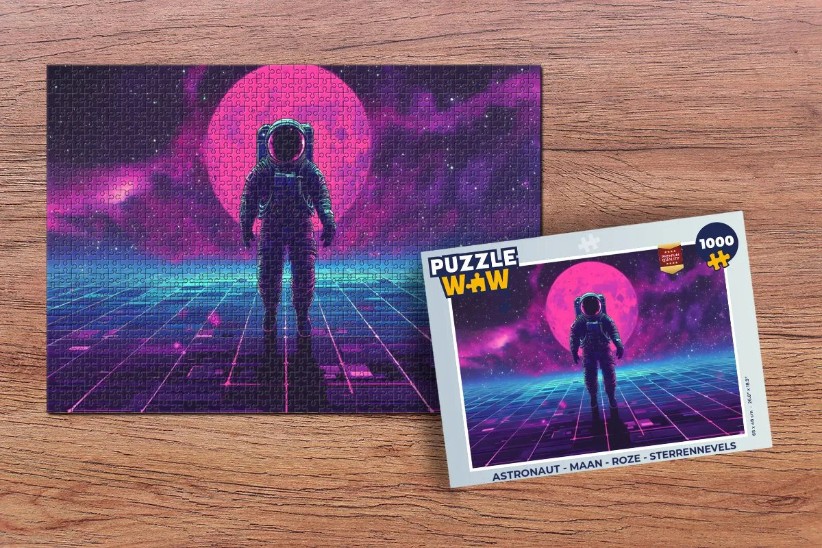 PuzzleWow Astronaut Maan Legpuzzel 1000 Stuks - Roze Sterrennevels