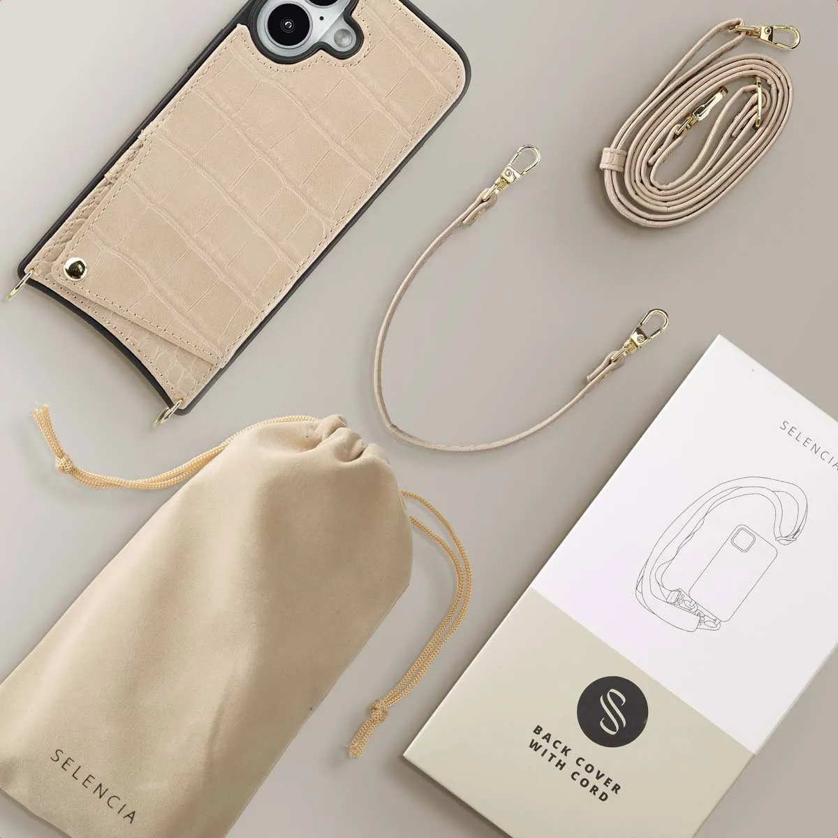 Selencia Croco Hoesje iPhone 16 - Beige - 2 Pasjes - afbeelding 6 van 6