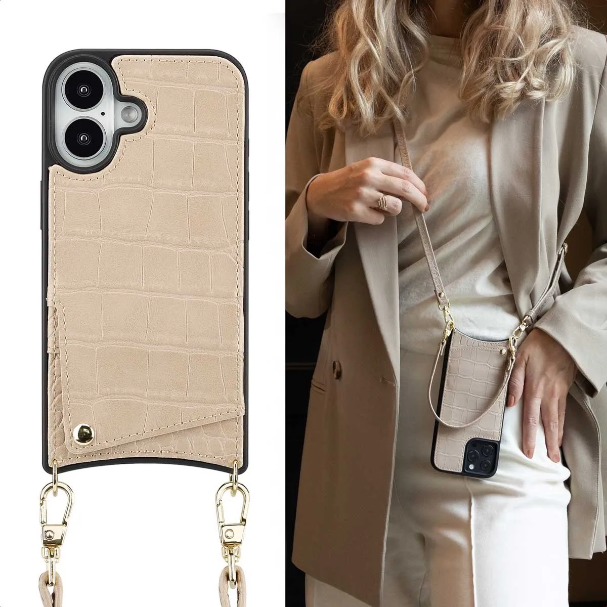 Selencia Croco Hoesje iPhone 16 - Beige - 2 Pasjes