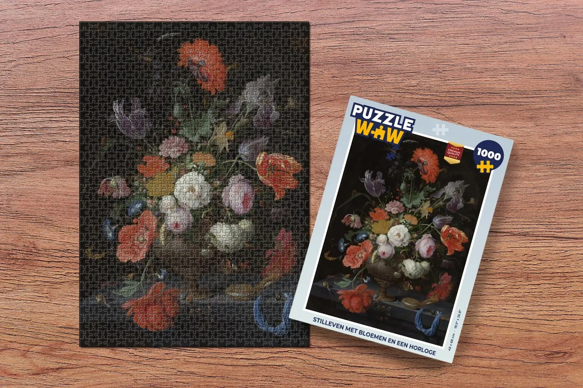 PuzzleWow Stilleven met Bloemen en Horloge Legpuzzel 1000 Stuks - Multicolor