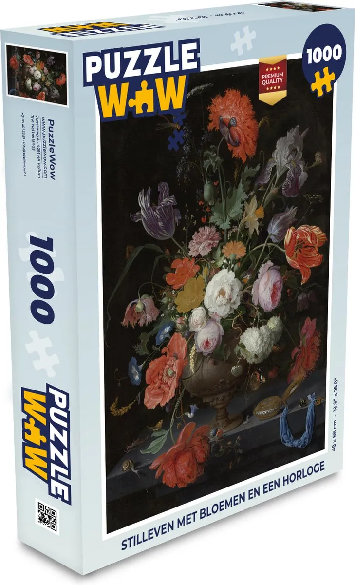 PuzzleWow Stilleven met Bloemen en Horloge Legpuzzel 1000 Stuks - Multicolor