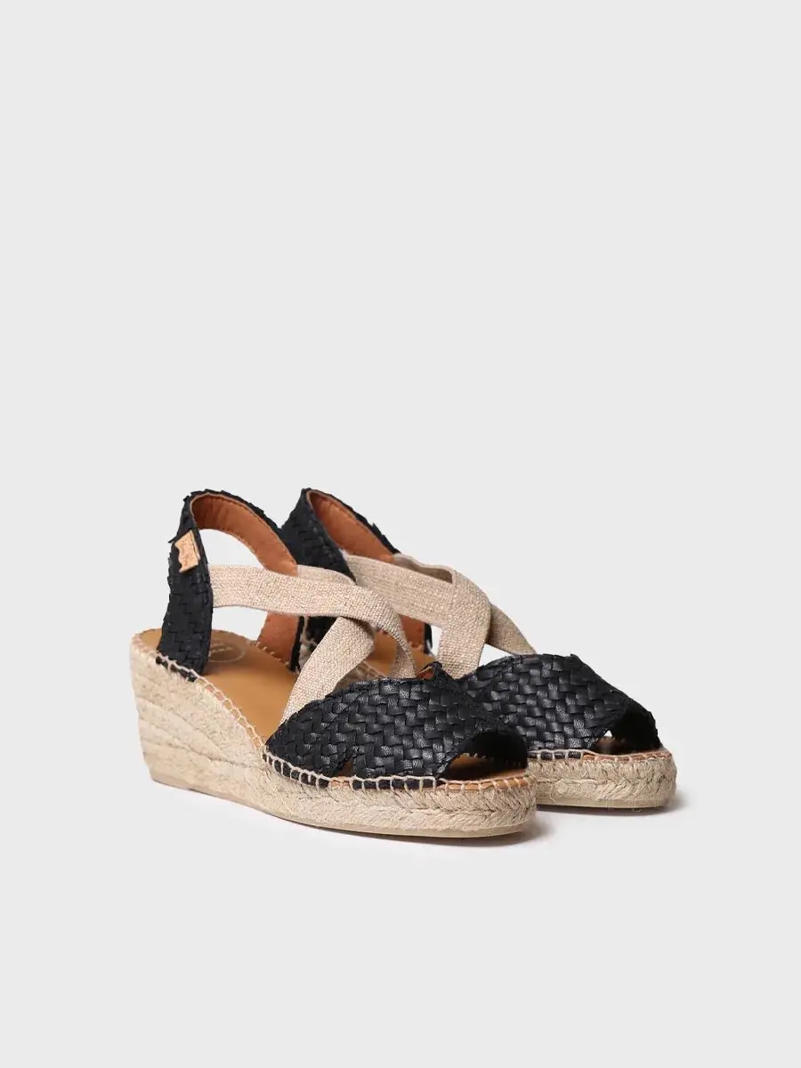 Open espadrille voor dames van gevlochten leer met sleehak