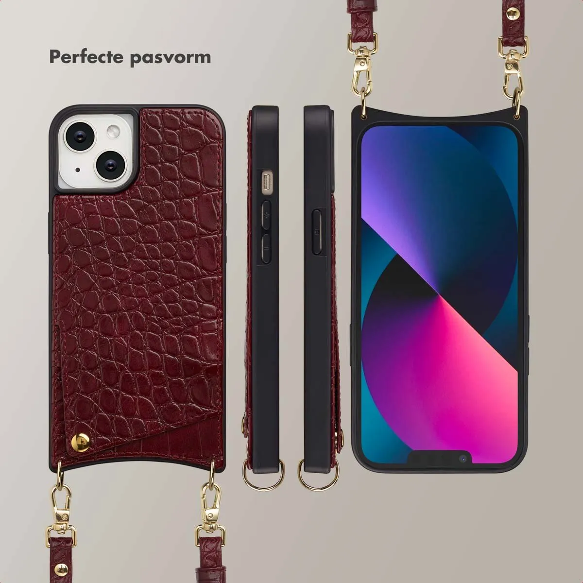 Selencia Hoesje iPhone 14/13 Croco Burgundy - 2 Pasjes