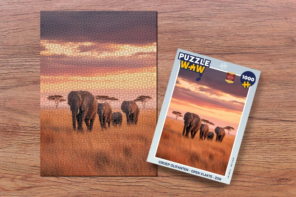 PuzzleWow Olifanten Open Vlakte Zon Puzzel - 1000 Stukken
