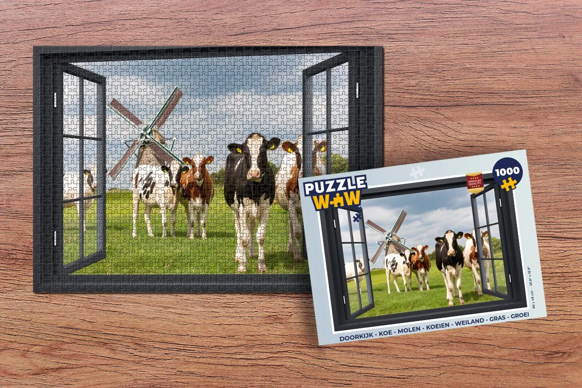 PuzzleWow Doorkijk Koe Molen Legpuzzel 1000 Stuks - Multicolor