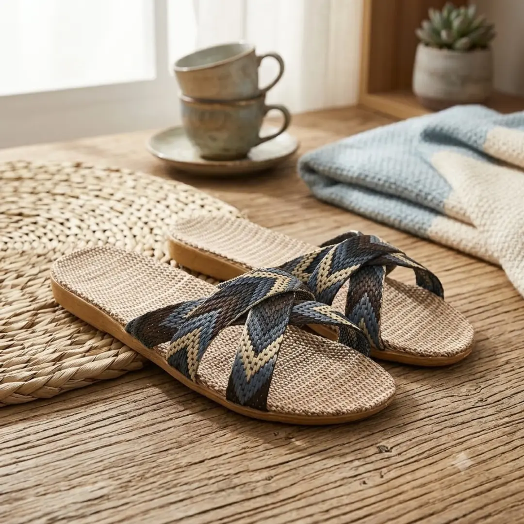 Zwarte dames pantoffels linnen instap slippers bohemian kruislings geweven bande
