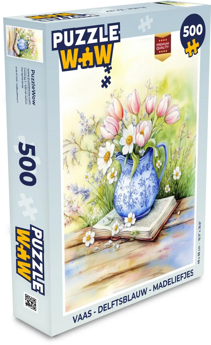 PuzzleWow Madeliefjes Puzzel 500 Stuks - Delftsblauwe Vaas