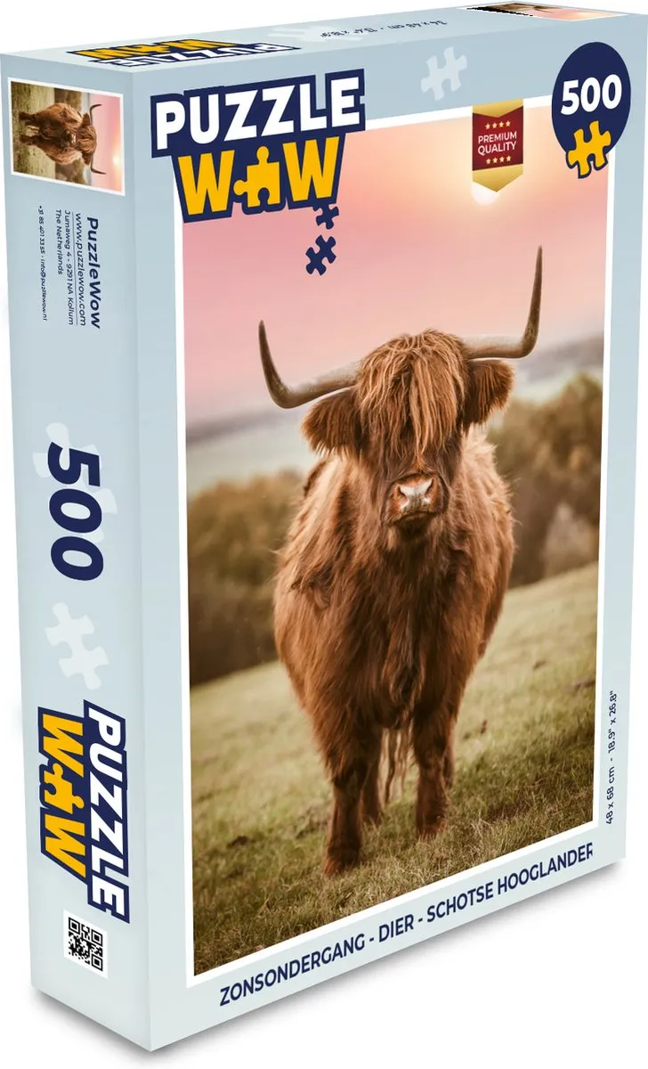 PuzzleWow Zonsondergang Schotse Hooglander Legpuzzel 500 Stuks - Multicolor