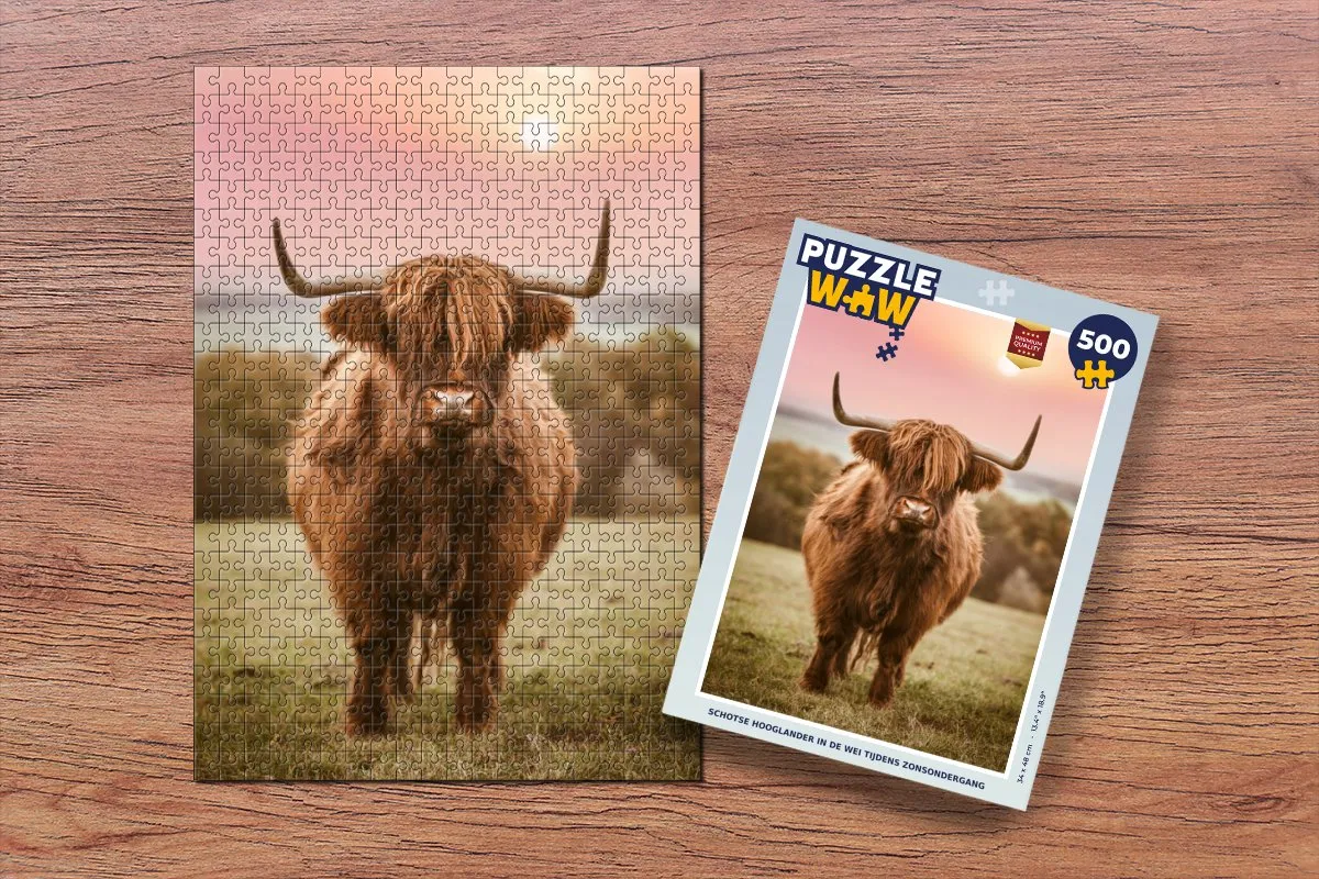PuzzleWow Zonsondergang Schotse Hooglander Legpuzzel 500 Stuks - Multicolor