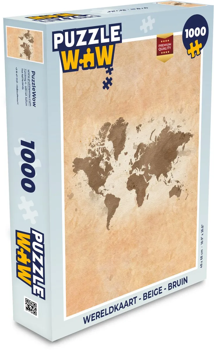 PuzzleWow Wereldkaart Legpuzzel 1000 Stuks - Beige/Bruin