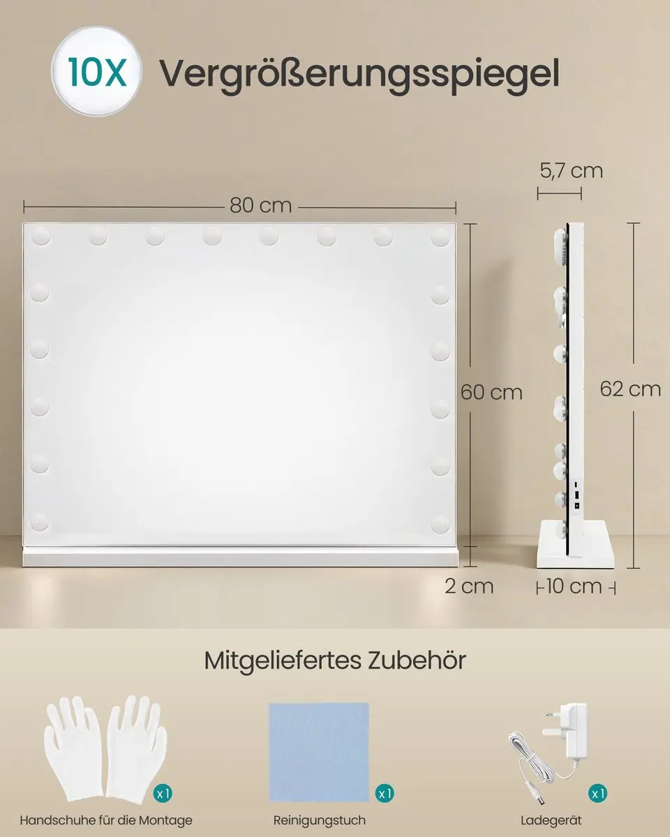 Songmics Hollywood Make-upspiegel 10x - Matwit - 62x80cm - afbeelding 5 van 6