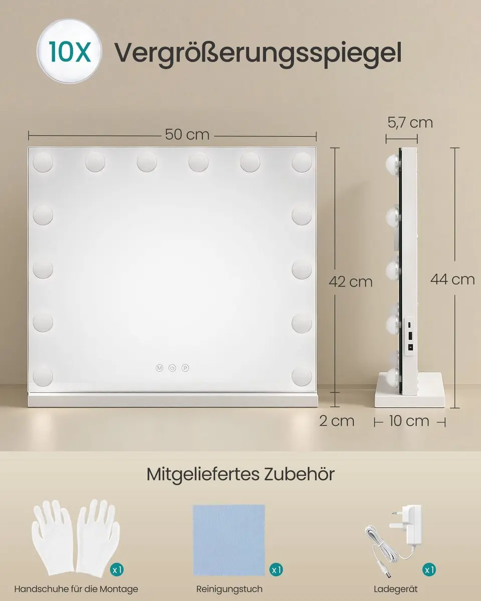 Songmics Hollywood Make-upspiegel 10x - Matwit - 44x50cm - afbeelding 5 van 6