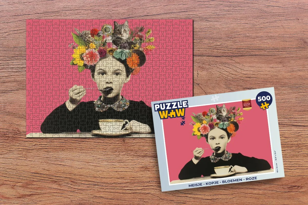 PuzzleWow Meisje Bloemen Kopje Puzzel - 500 Stuks - Roze