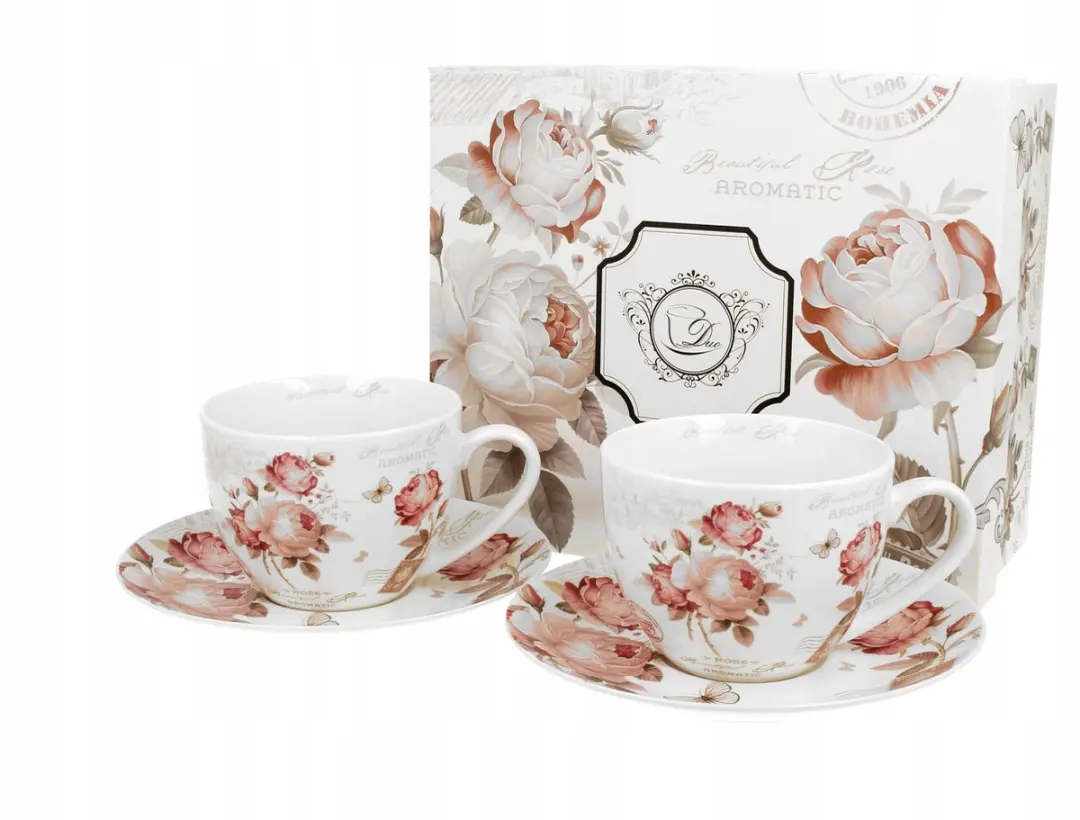 Set van 2 Porseleinen Kopjes met Schotels, 250 ml, Bloemendessin