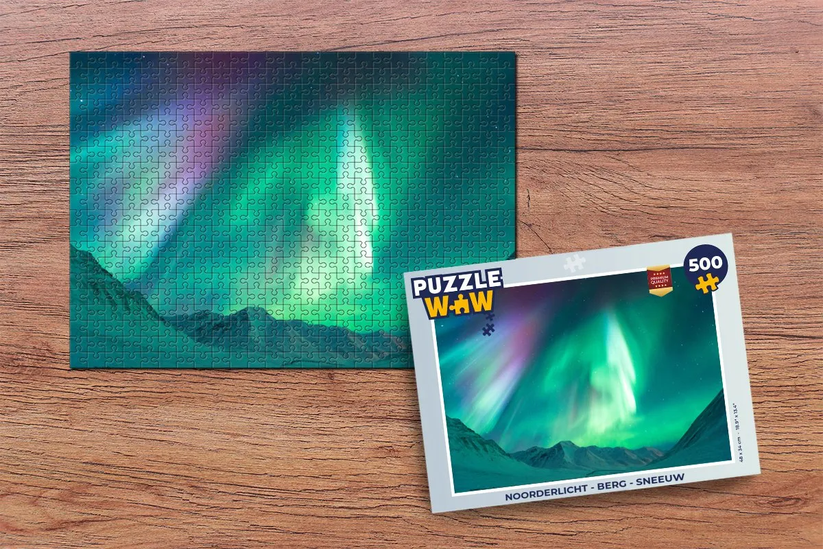 PuzzleWow Noorderlicht Berg Sneeuw Legpuzzel 500 Stuks - Multicolor