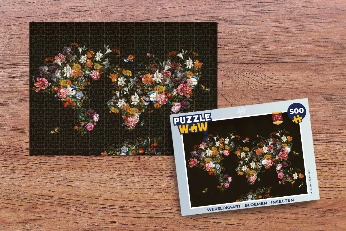 PuzzleWow Wereldkaart Bloemen & Insecten Legpuzzel 500 Stuks - Multicolor