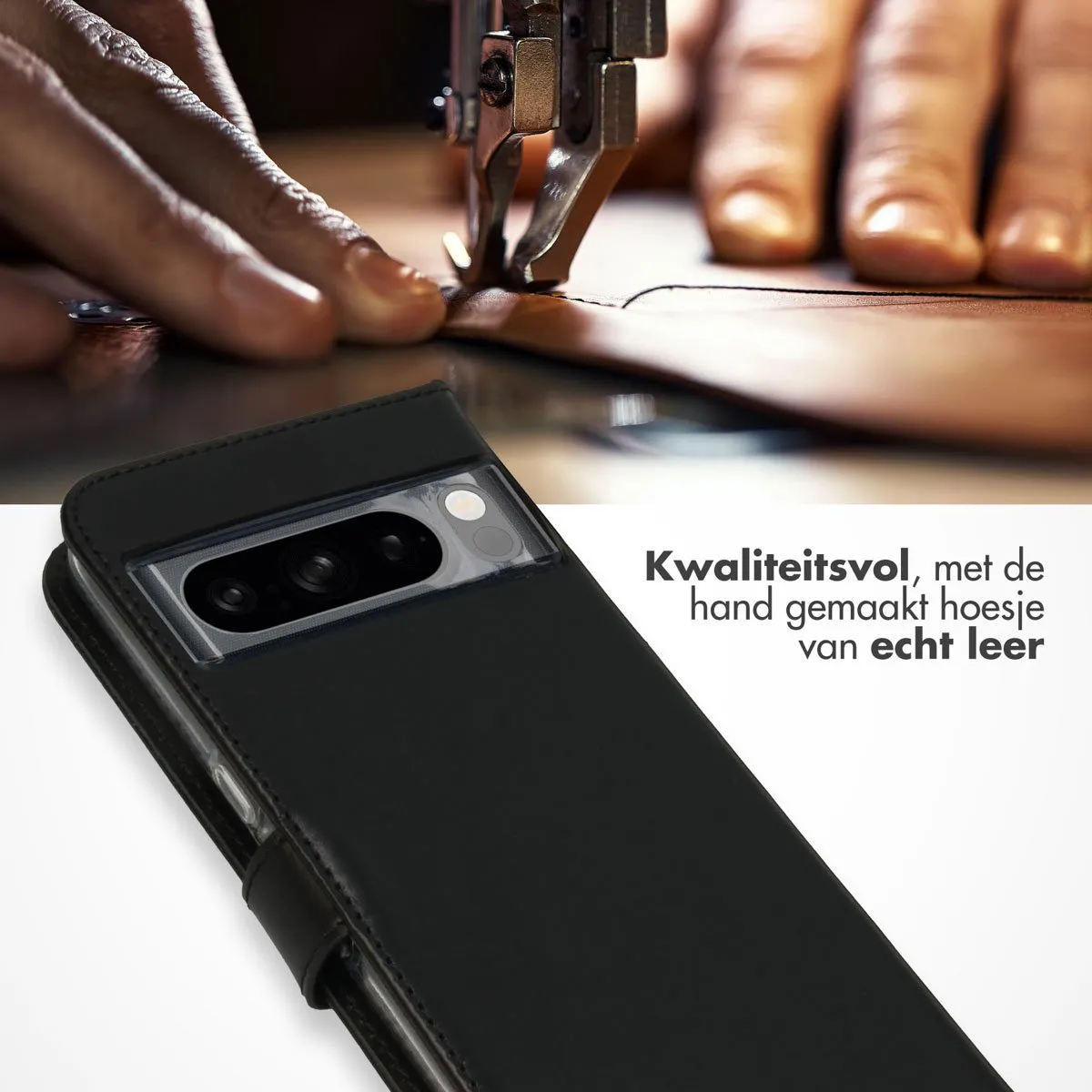 Selencia Hoesje Google Pixel 8 Pro Echt Lederen Bookcase - Zwart