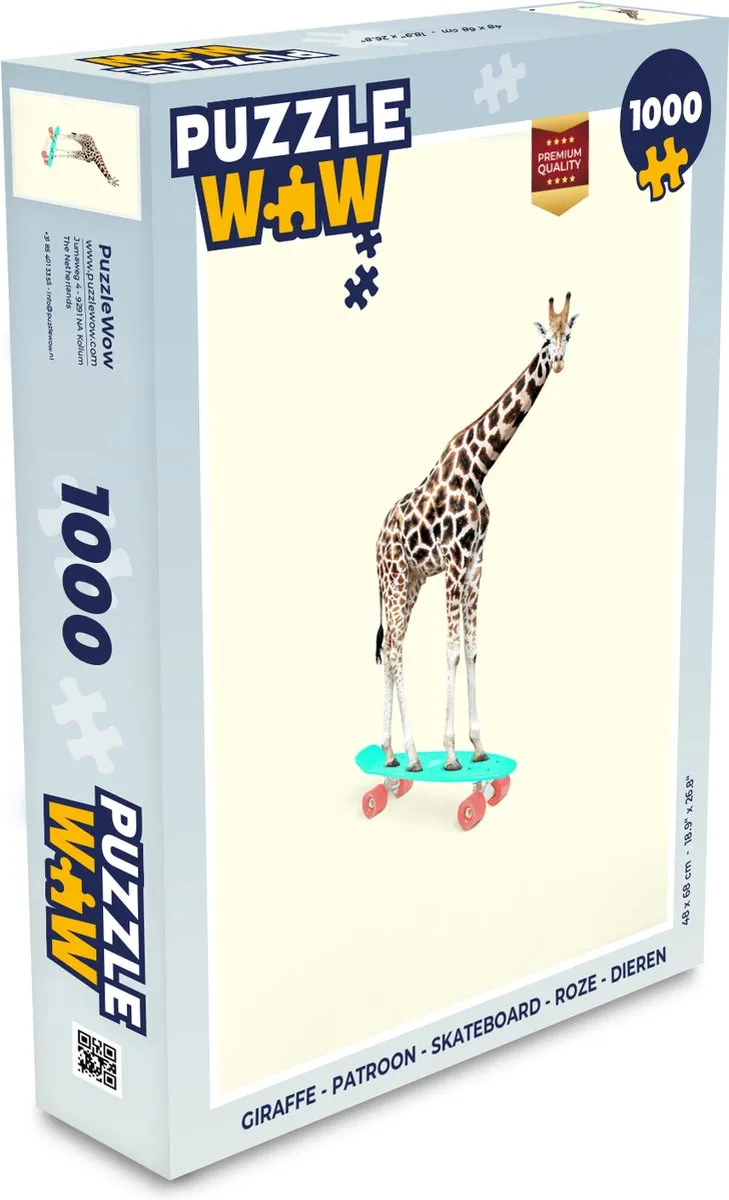 PuzzleWow Giraffe Skateboard Puzzel - 1000 Stuks - Multicolor