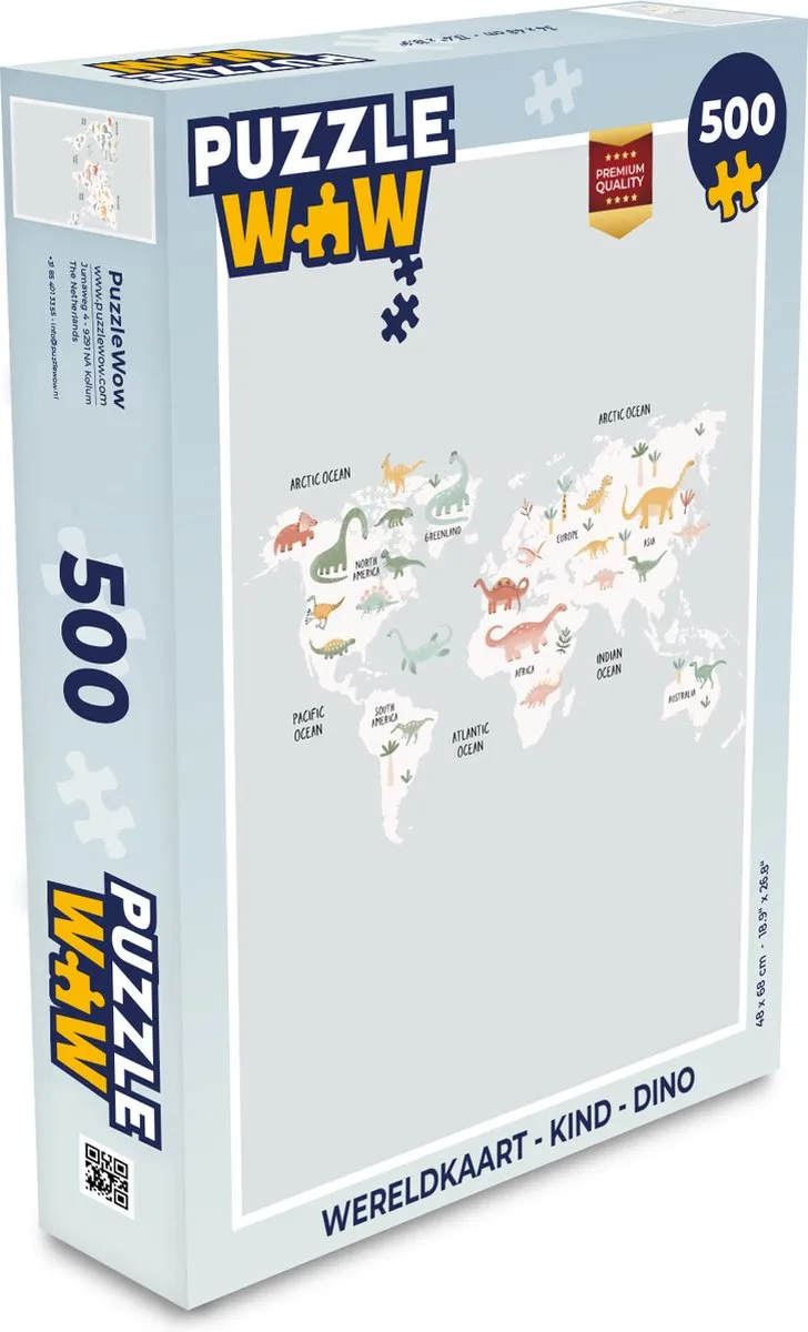 PuzzleWow Dino Wereldkaart Legpuzzel 500 Stuks - Multicolor