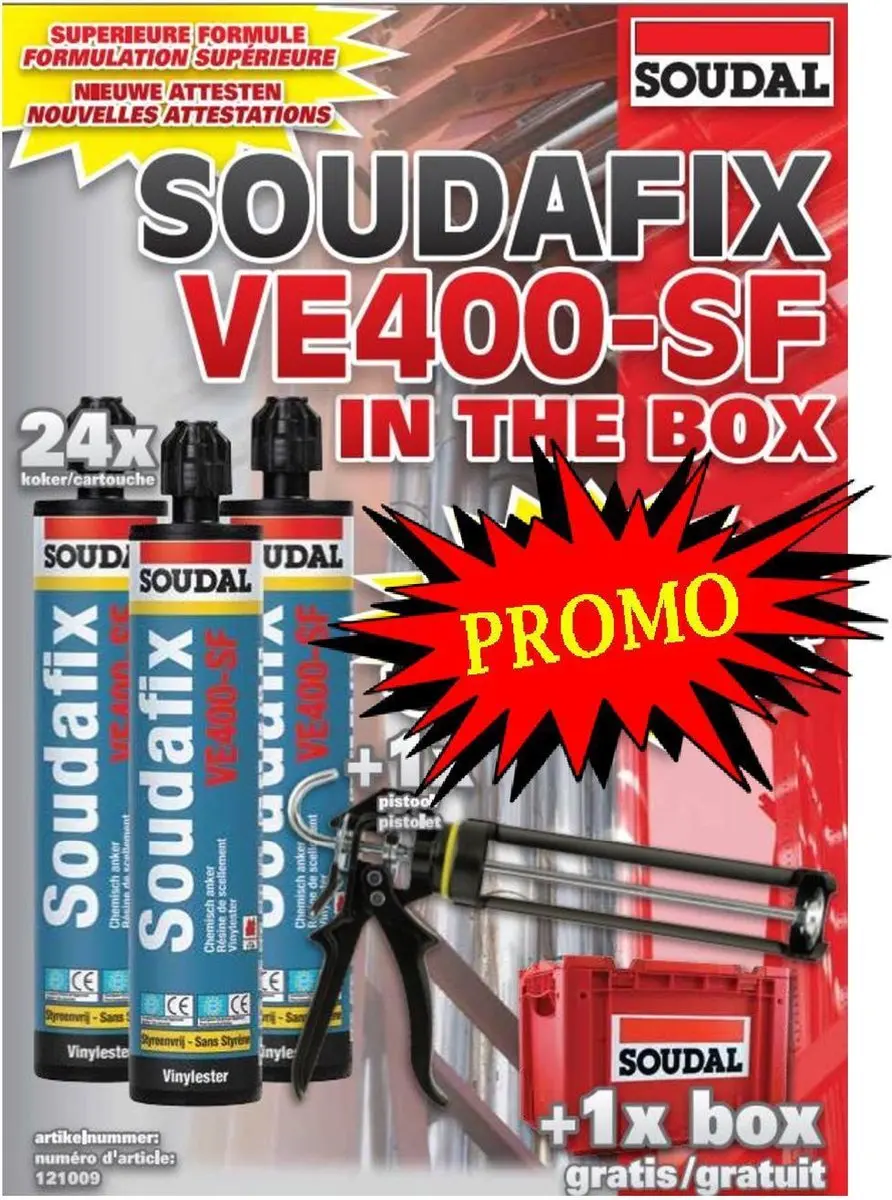 SOUDAL CHEMISCH ANKER SOUDAFIX VE400-SF (24stuks) IN THE BOX + GRATIS PISTOOL