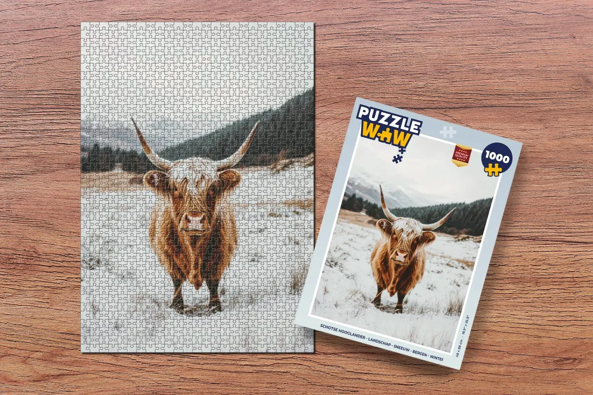 PuzzleWow Schotse Hooglander Legpuzzel 1000 Stuks - Sneeuw