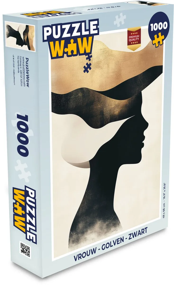 PuzzleWow Vrouw - Golven Legpuzzel 1000 Stuks - Zwart/Goud/Beige
