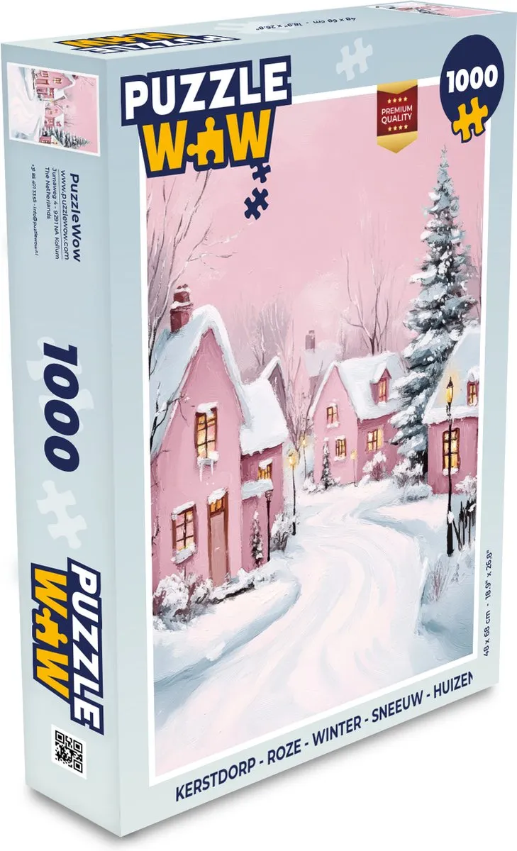 PuzzleWow Kerstdorp Legpuzzel 1000 Stuks - Roze Winterdorp