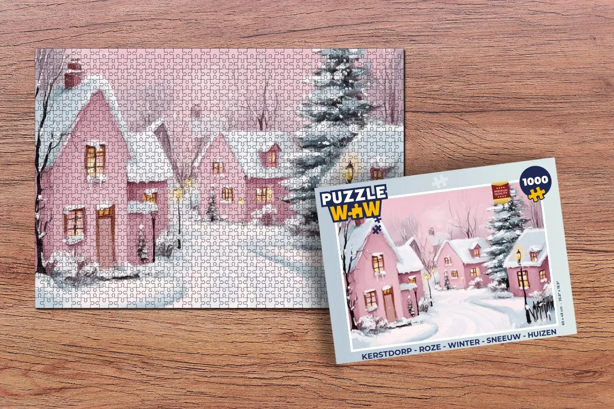 PuzzleWow Kerstdorp Legpuzzel 1000 Stuks - Roze Winterdorp