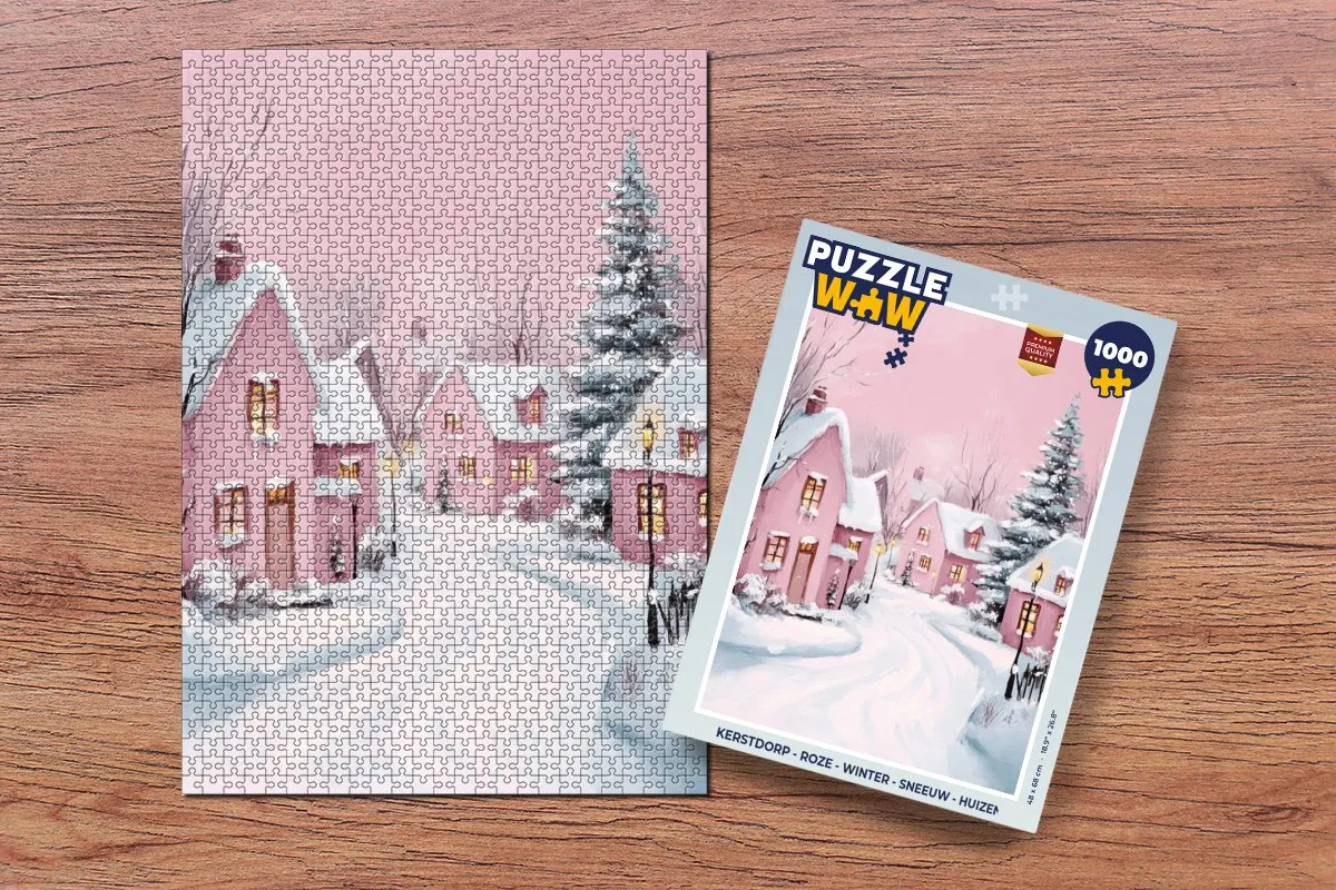 PuzzleWow Kerstdorp Legpuzzel 1000 Stuks - Roze Winterdorp