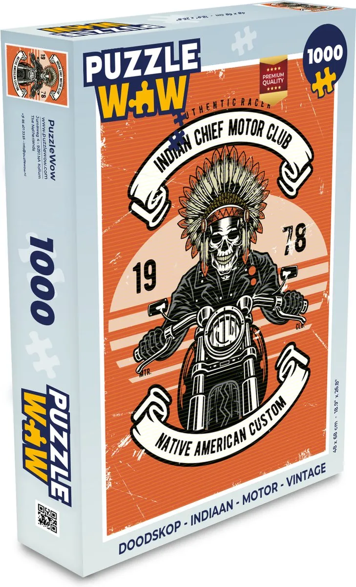 PuzzleWow Doodskop Indiaan Motor Vintage Legpuzzel 1000 Stuks - Multicolor
