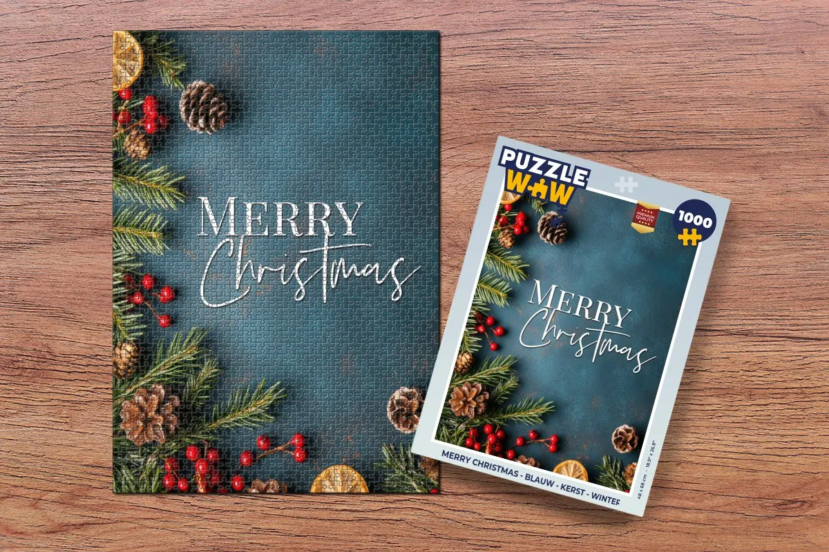 PuzzleWow Merry Christmas Legpuzzel 1000 Stuks - Blauw
