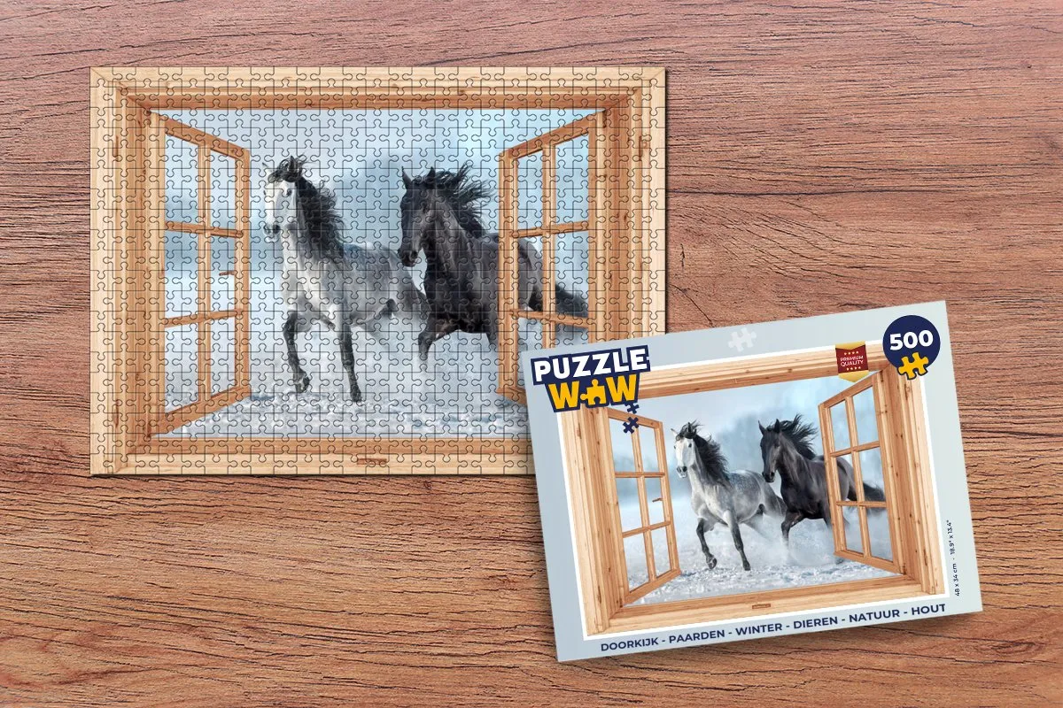 PuzzleWow Doorkijk Paarden Winter Houten Legpuzzel 500 Stuks
